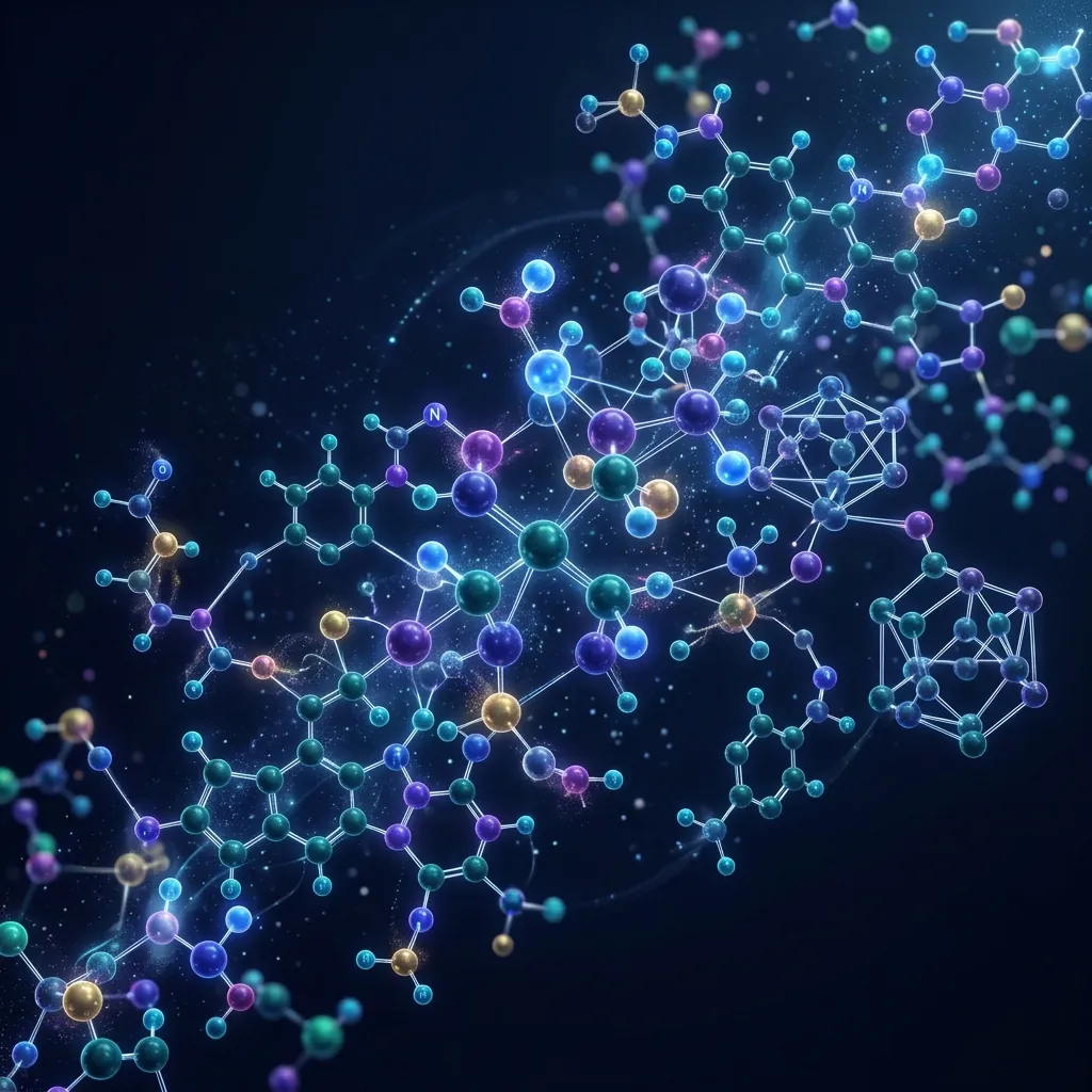 Abstract visualization of atoms and molecular bonds representing mass calculations