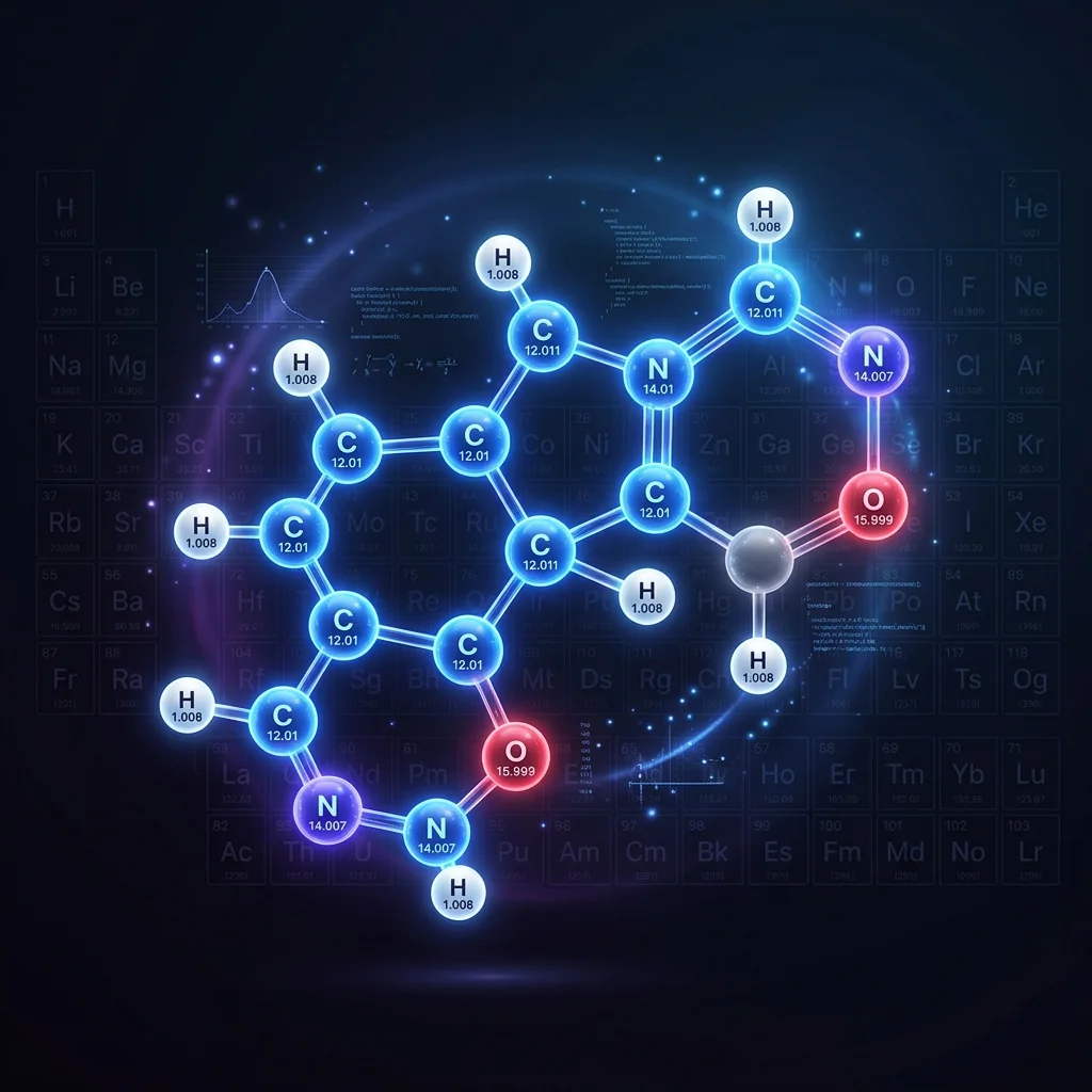 Glowing molecular structure illustration showing atomic mass and bond lines