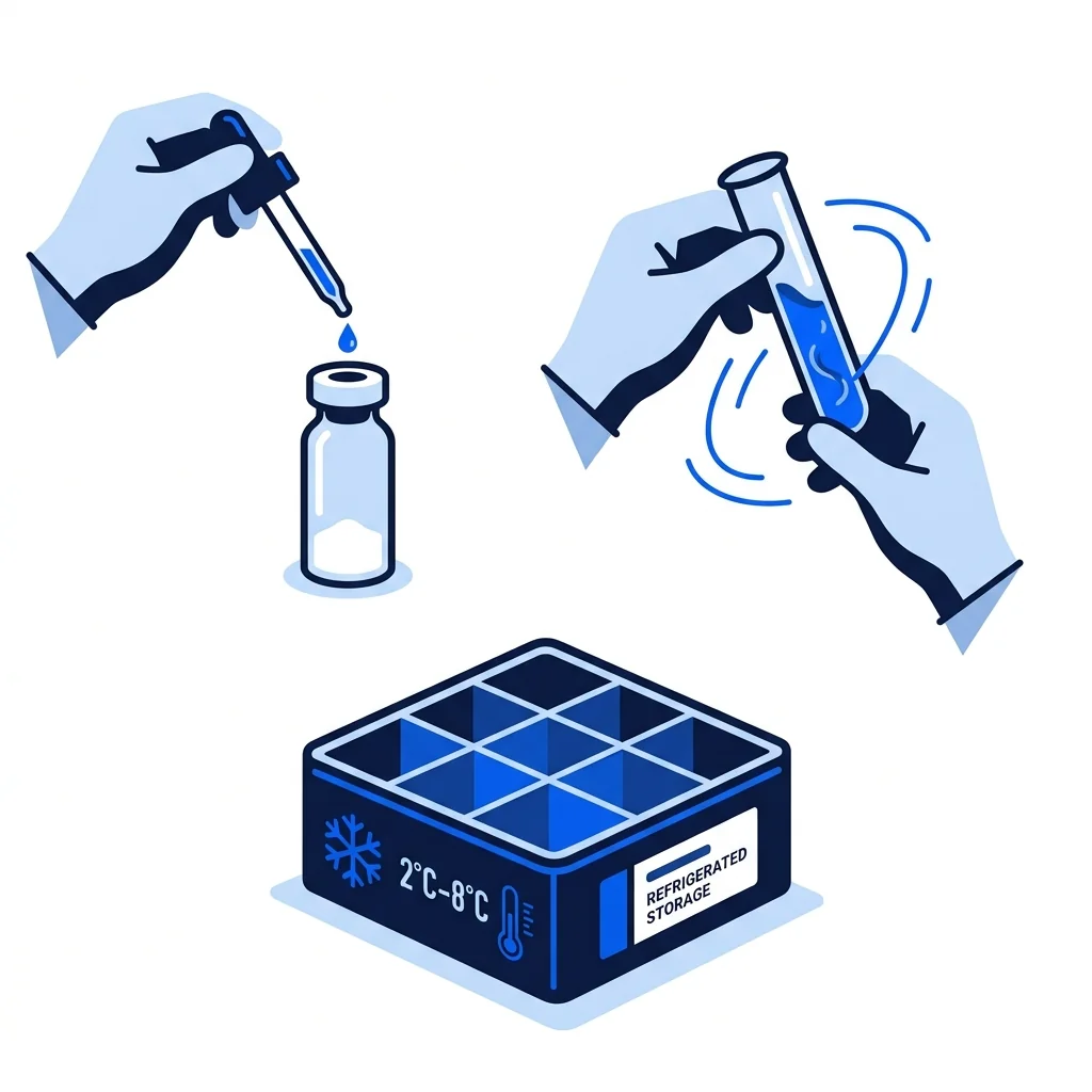 Illustration of peptide mixing best practices showing slow solvent addition, gentle mixing, and proper labeling