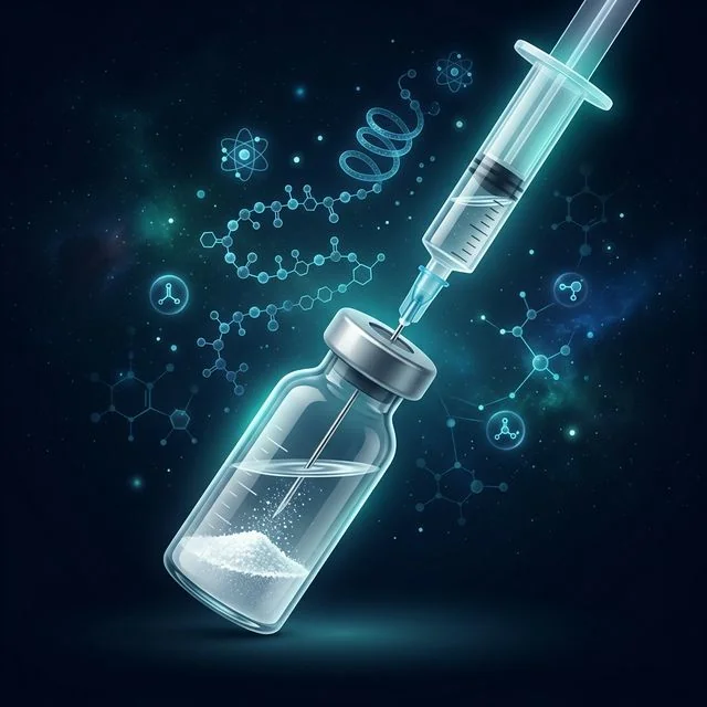 Peptide reconstitution: lab vial and syringe illustration