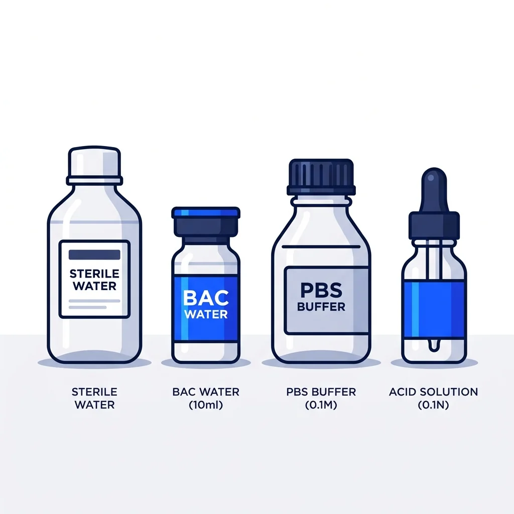 Illustration of common peptide solvents including sterile water, BAC water, PBS buffer and acidic solution